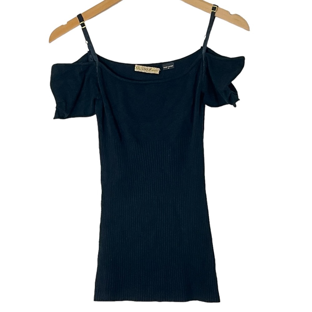 Guess | Black cold shoulder ribbed stretch knit short sleeve top size me…